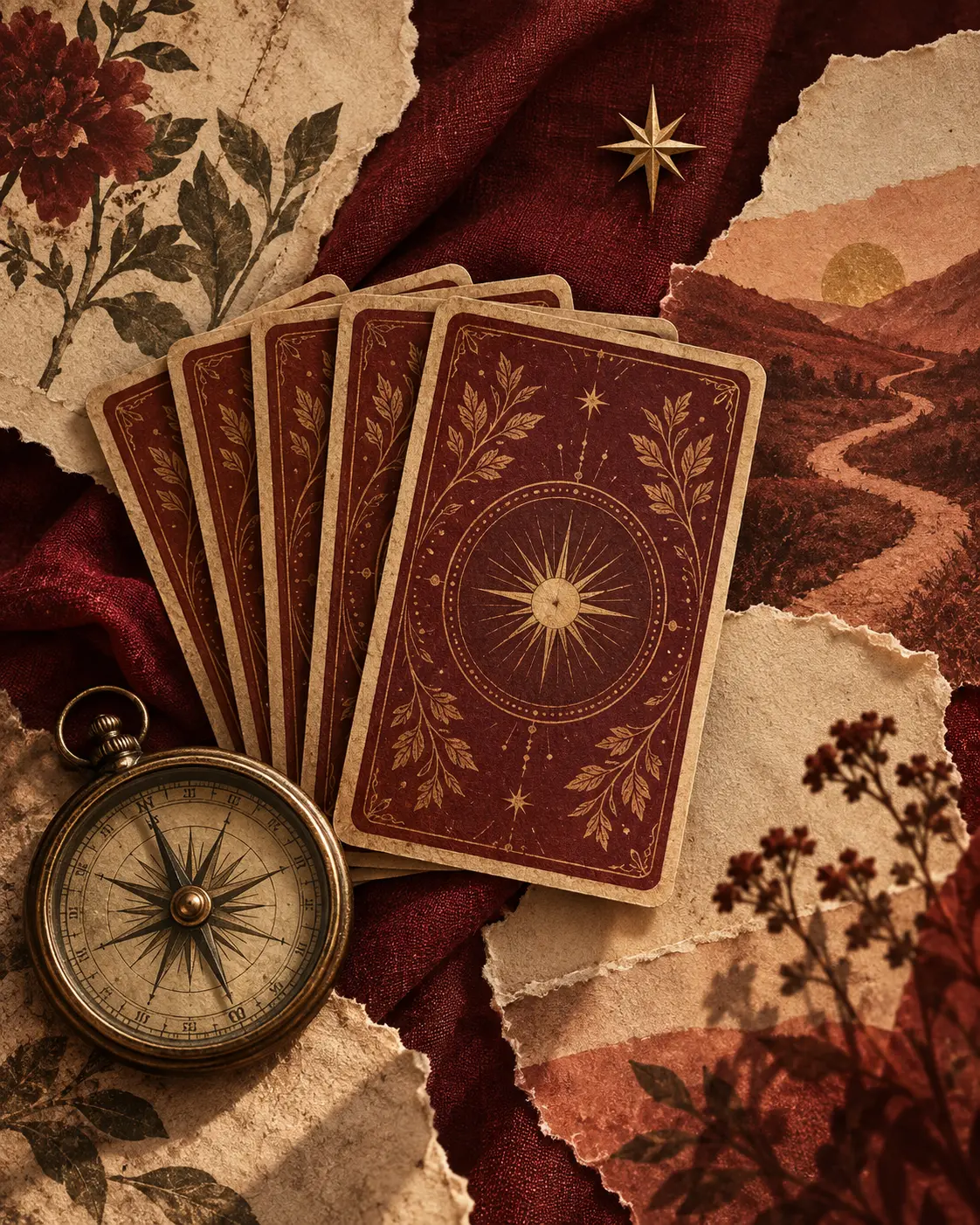 Detalhe em colagem com cartas e bússola